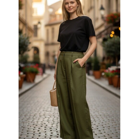 COS Pants - COS 12 NWT High Rise Wide Leg Pleated Linen Bl. Pants Neutral Solid Green Preppy